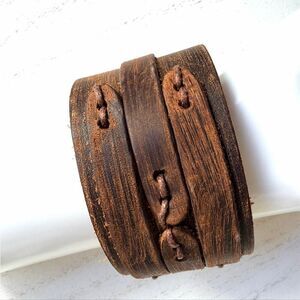 Distressed Brown Leather Cuff Bracelet Rustic Wide Snap